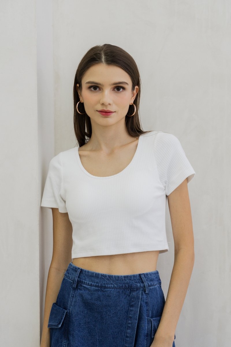 Acacia Ribbed Padded Crop Top In White