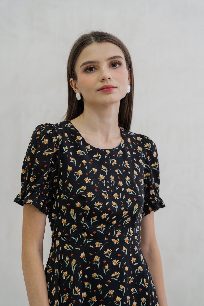 Aeris Printed Floral Flared Dress In Black (XS)
