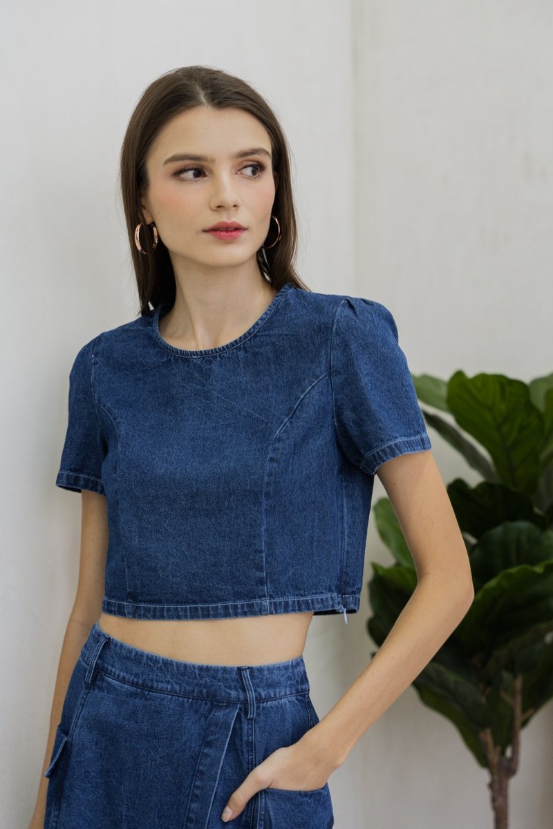 Kienna Denim Crop Top In Dark Wash