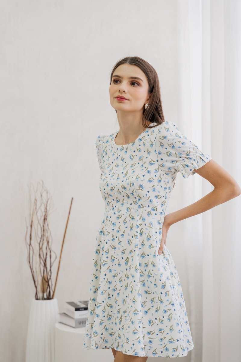 Aeris Printed Floral Flared Dress In White (XS)
