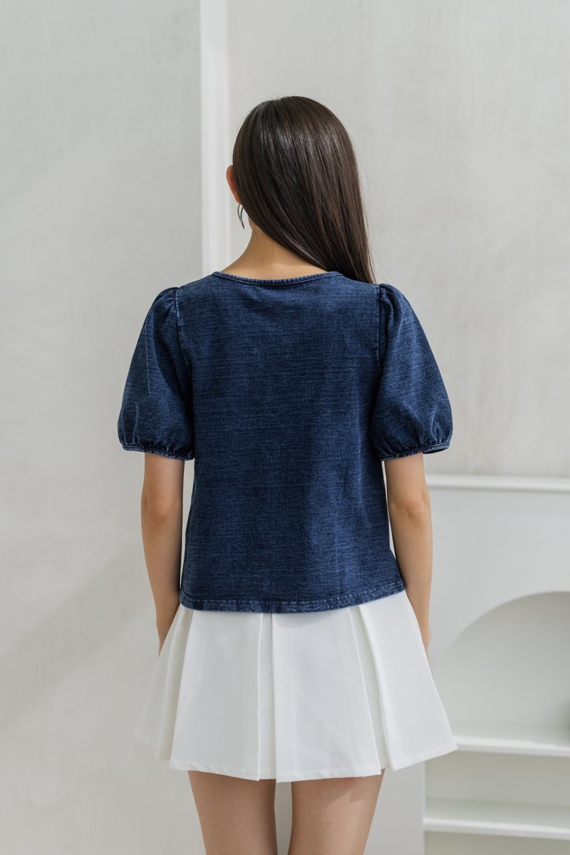 Maeve Denim Ruched Front Zip Top (XS)