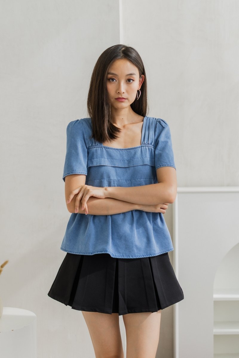 Ophelia Pleated Denim Babydoll Top (XS)