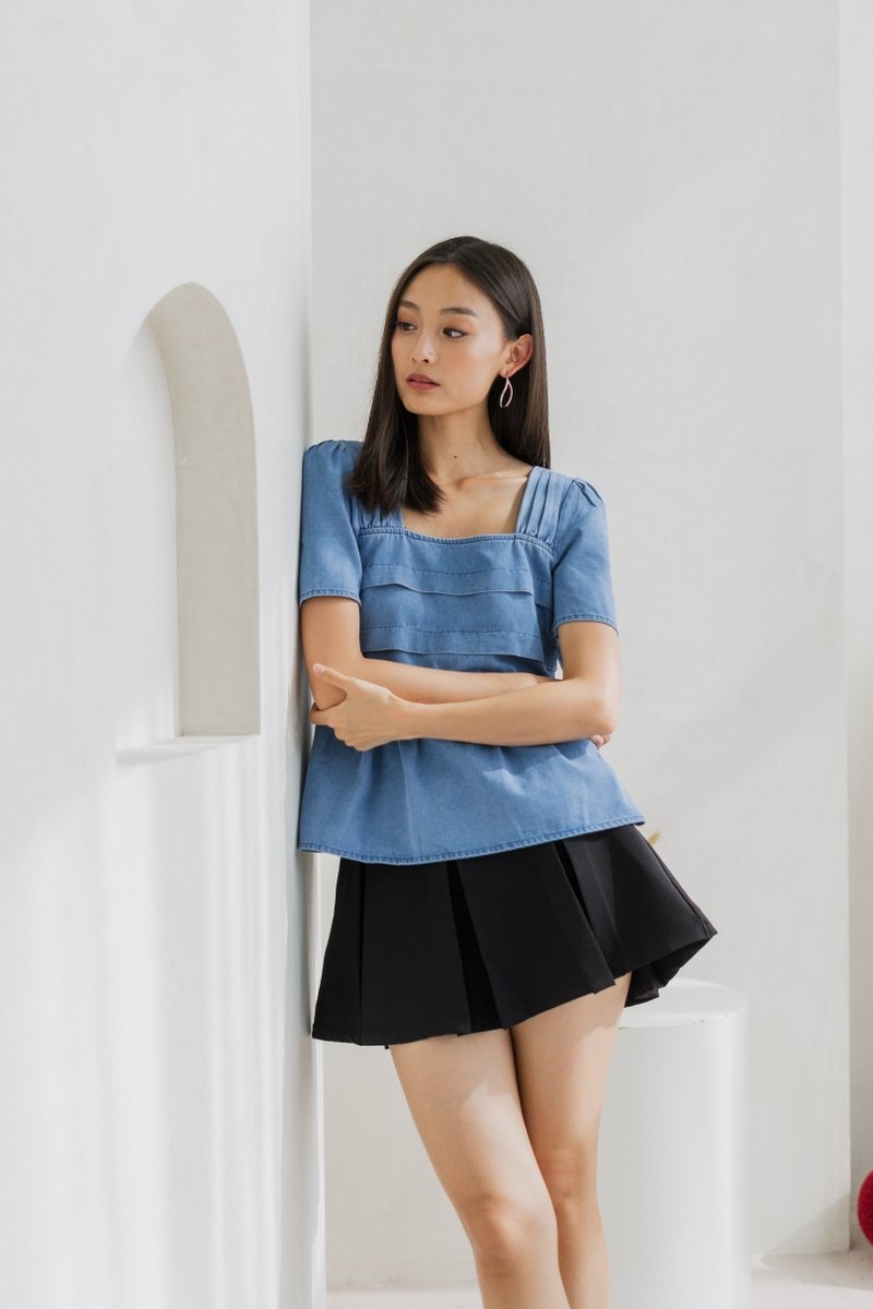 Ophelia Pleated Denim Babydoll Top (XS)