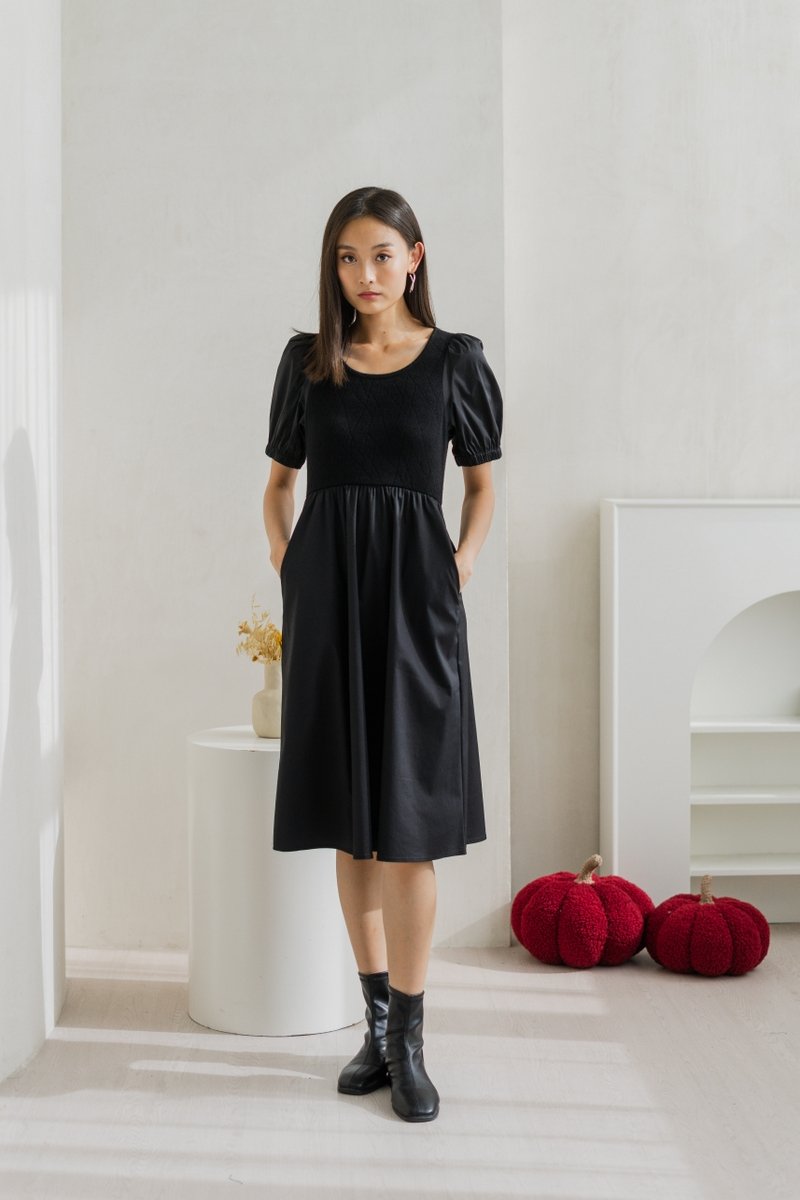 Meredith Mix Fabric Knitted Midi Dress In Black (XS)