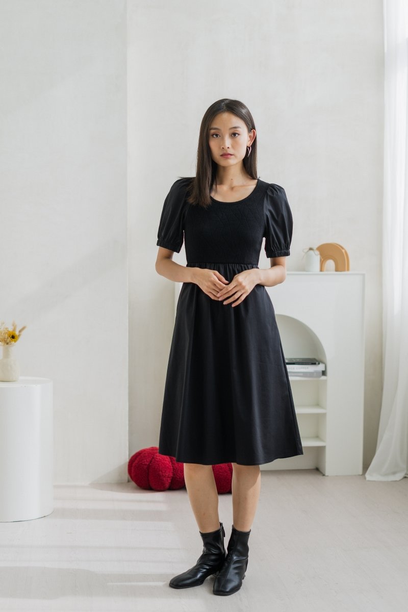 Meredith Mix Fabric Knitted Midi Dress In Black (XS)