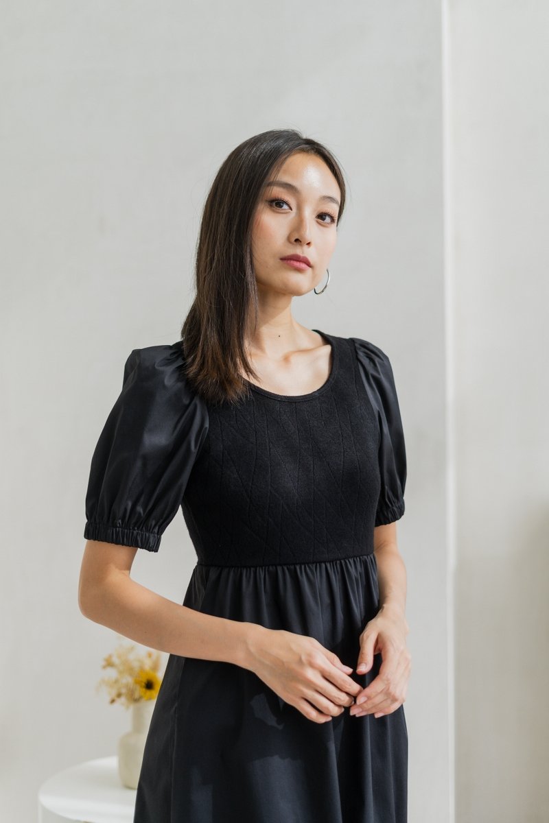 Meredith Mix Fabric Knitted Midi Dress In Black (XS)