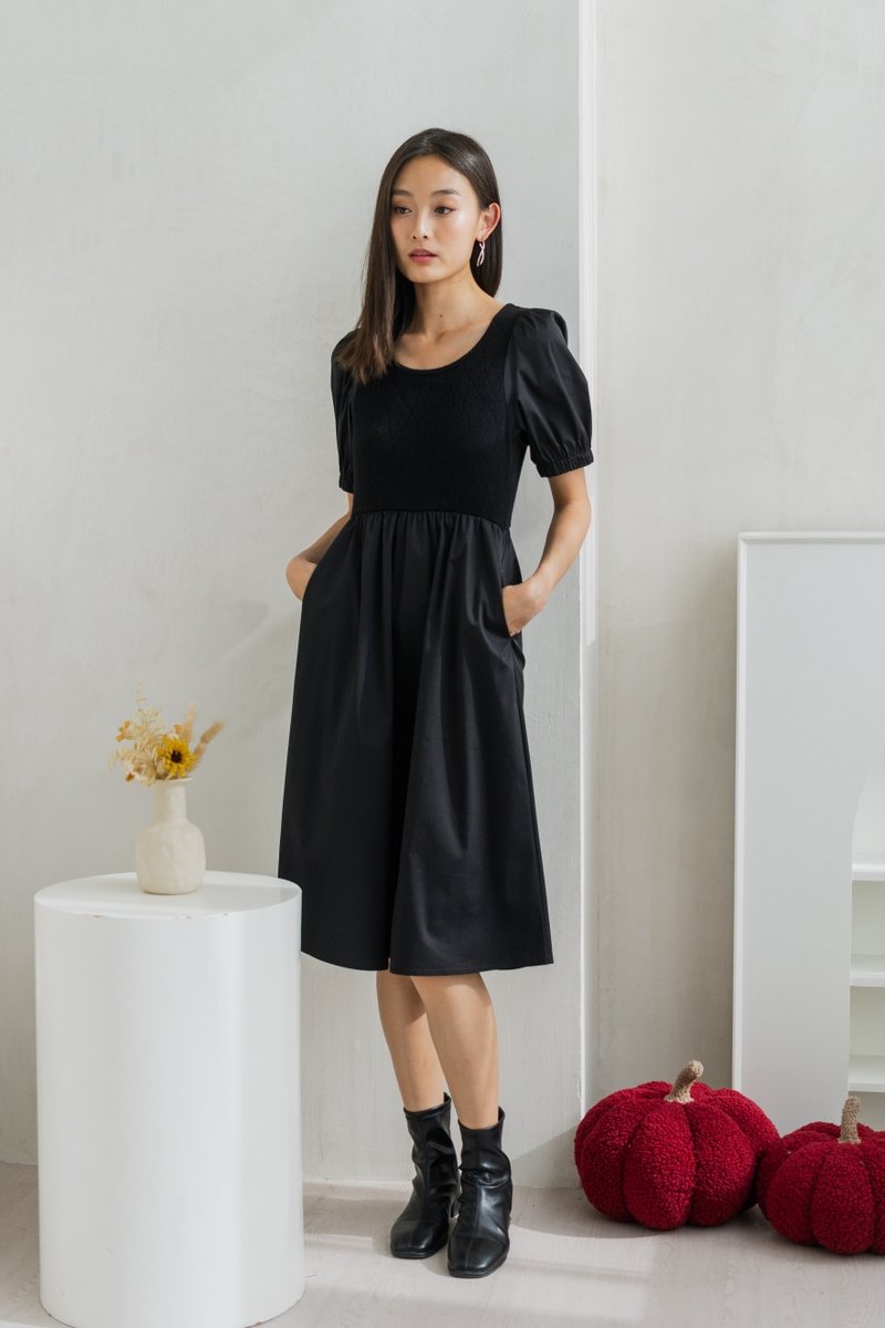 Meredith Mix Fabric Knitted Midi Dress In Black (XS)