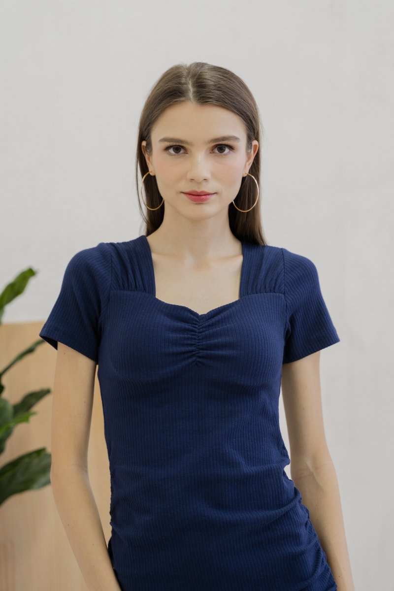 Tia Padded Ribbed Midi Dress In Navy