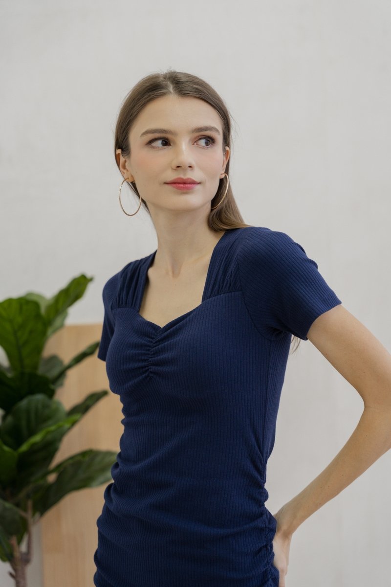 Tia Padded Ribbed Midi Dress In Navy