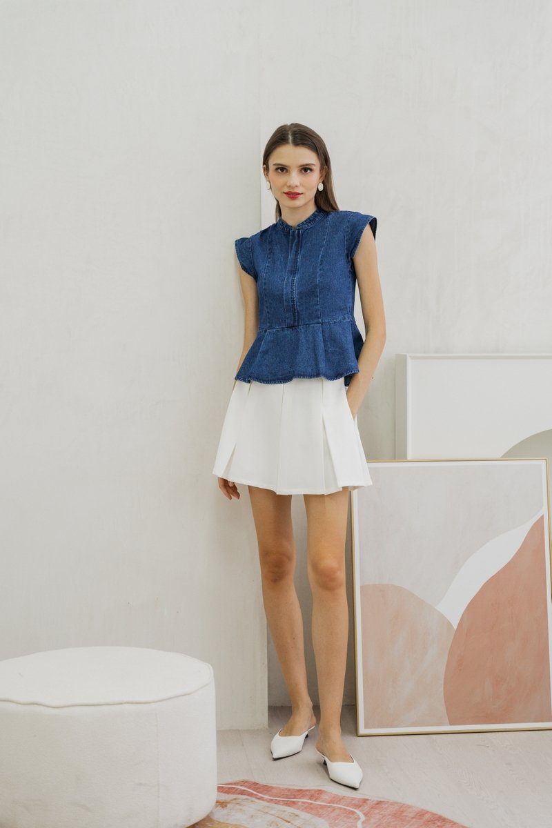 Eliza Front Zipper Mandarin Collar Denim Top (XS)