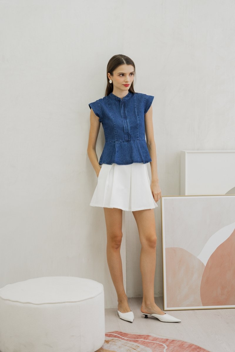 Eliza Front Zipper Mandarin Collar Denim Top (XS)
