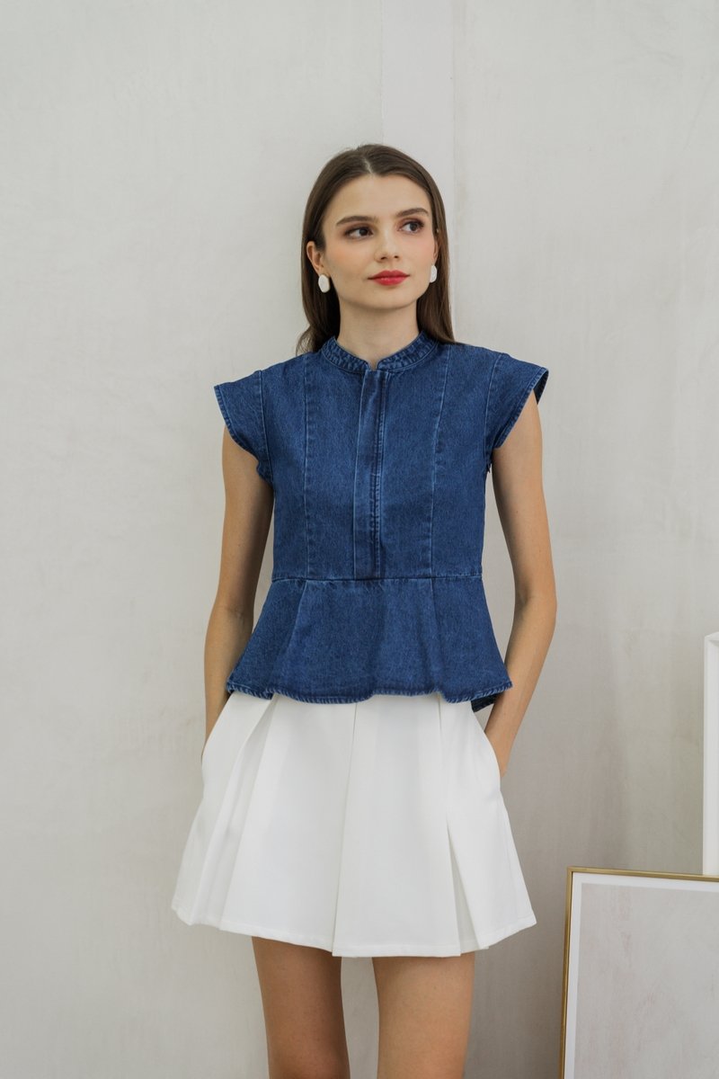 Eliza Front Zipper Mandarin Collar Denim Top (XS)