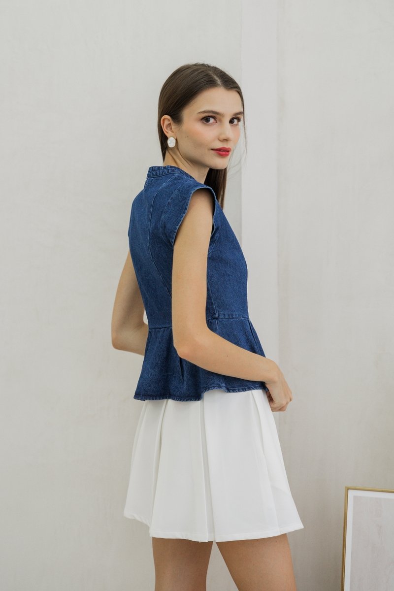 Eliza Front Zipper Mandarin Collar Denim Top (XS)