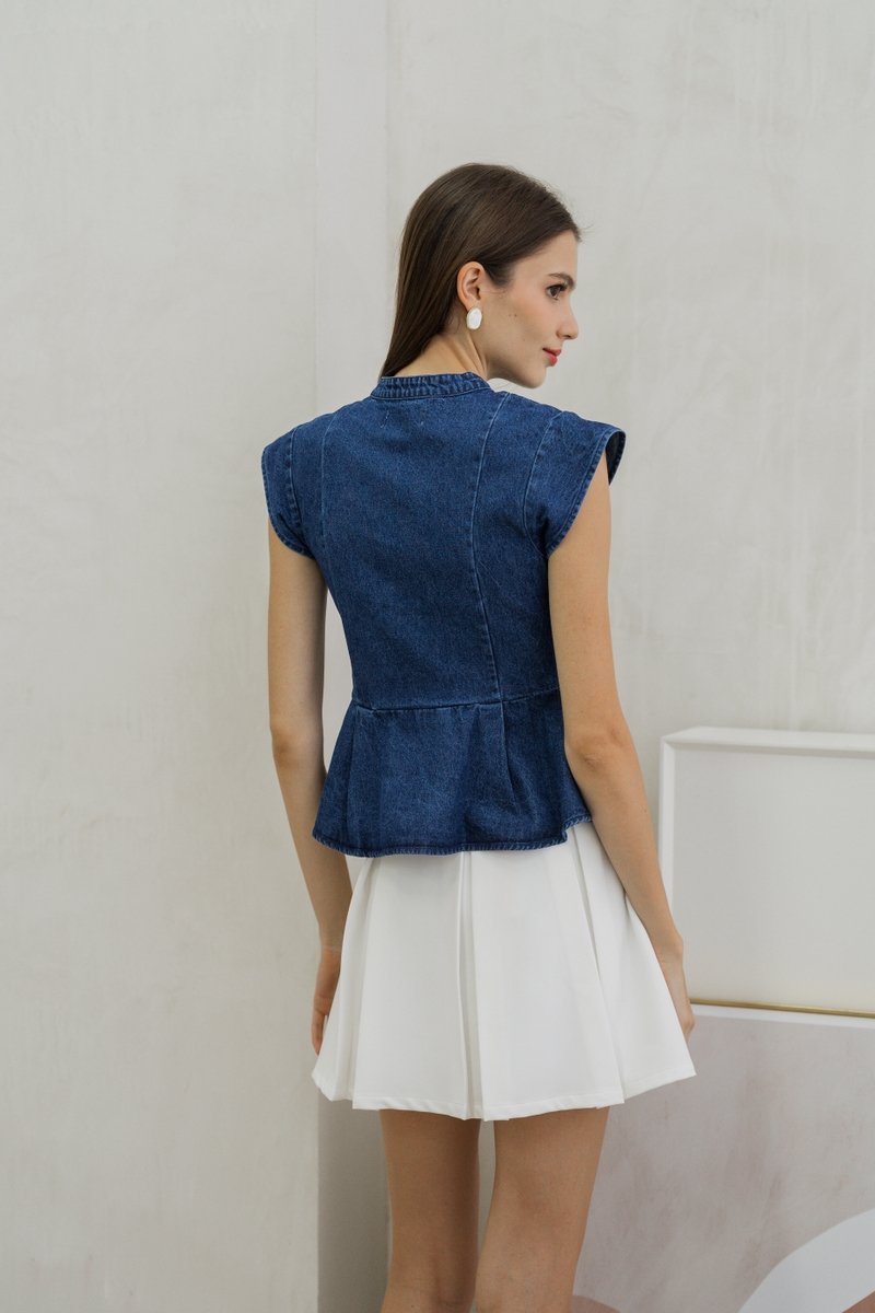 Eliza Front Zipper Mandarin Collar Denim Top (XS)