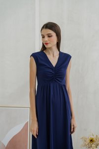 Davina Ruched Cotton Midi Dress In Navy (XS)