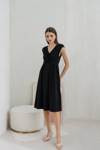 Davina Ruched Cotton Midi Dress In Black (XS)