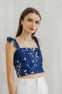 Aleena Self Tie Floral Crop Top In Navy
