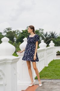 Lenora Smocked Ribbon Floral Dress In Navy (XS)