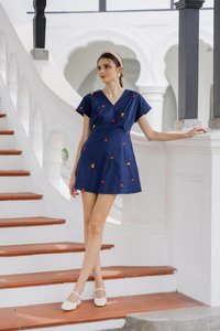 Dalia Overlap Embroidery Dress Romper In Navy (XS)