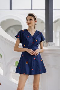 Dalia Overlap Embroidery Dress Romper In Navy (XS)