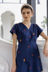 Dalia Overlap Embroidery Dress Romper In Navy (XS)