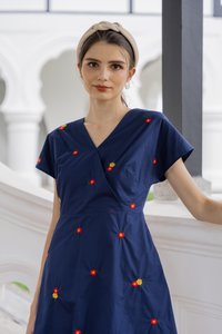 Dalia Overlap Embroidery Dress Romper In Navy (XS)
