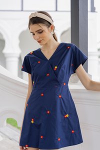 Dalia Overlap Embroidery Dress Romper In Navy (XS)