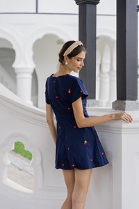 Dalia Overlap Embroidery Dress Romper In Navy (XS)