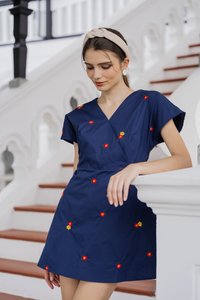 Dalia Overlap Embroidery Dress Romper In Navy (XS)