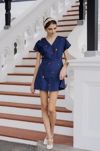 Dalia Overlap Embroidery Dress Romper In Navy (XS)