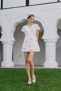 Dalia Overlap Embroidery Dress Romper In White (XS)