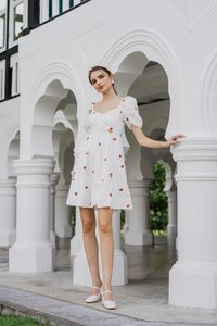 Dalia Puff Sleeves Embroidery Dress In White