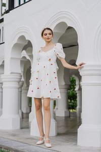 Dalia Puff Sleeves Embroidery Dress In White