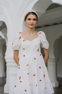 Dalia Puff Sleeves Embroidery Dress In White