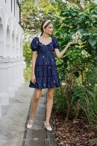 Dalia Puff Sleeves Embroidery Dress In Navy