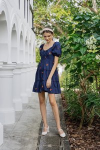 Dalia Puff Sleeves Embroidery Dress In Navy