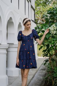 Dalia Puff Sleeves Embroidery Dress In Navy