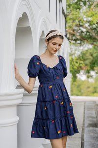 Dalia Puff Sleeves Embroidery Dress In Navy