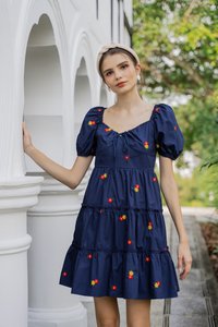 Dalia Puff Sleeves Embroidery Dress In Navy