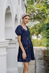Dalia Puff Sleeves Embroidery Dress In Navy