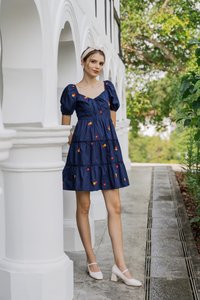 Dalia Puff Sleeves Embroidery Dress In Navy