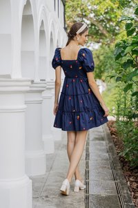 Dalia Puff Sleeves Embroidery Dress In Navy