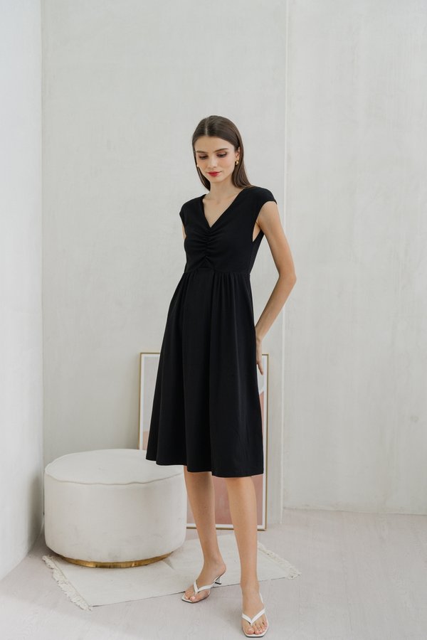 Davina Ruched Cotton Midi Dress In Black (XS)