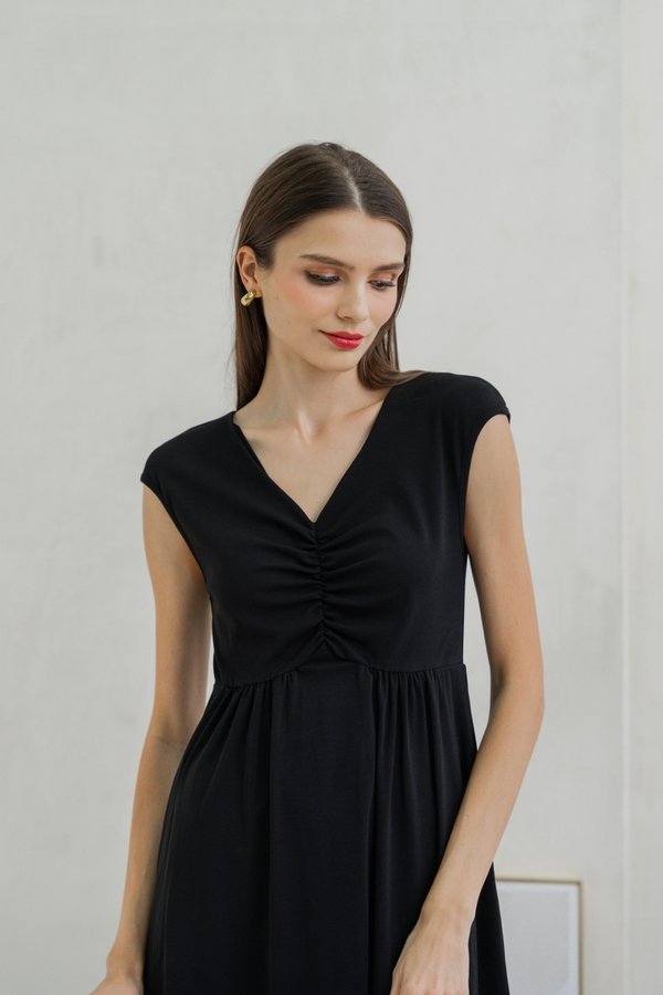 Davina Ruched Cotton Midi Dress In Black (XS)