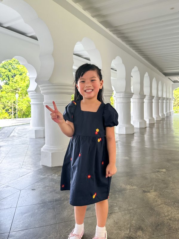Dalia Embroidery Floral Kids Dress In Navy