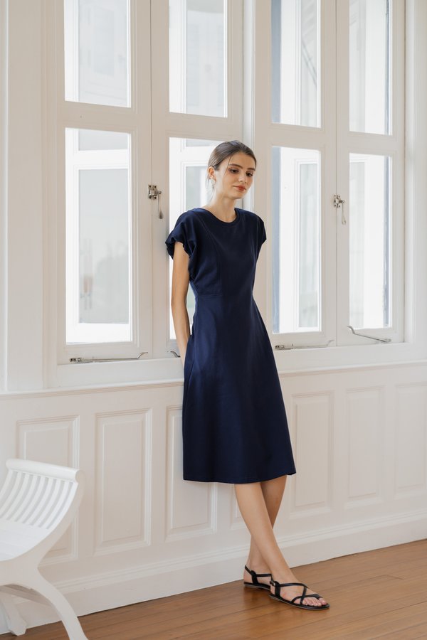 Libbie Cotton Midi Dress In Navy (XS)
