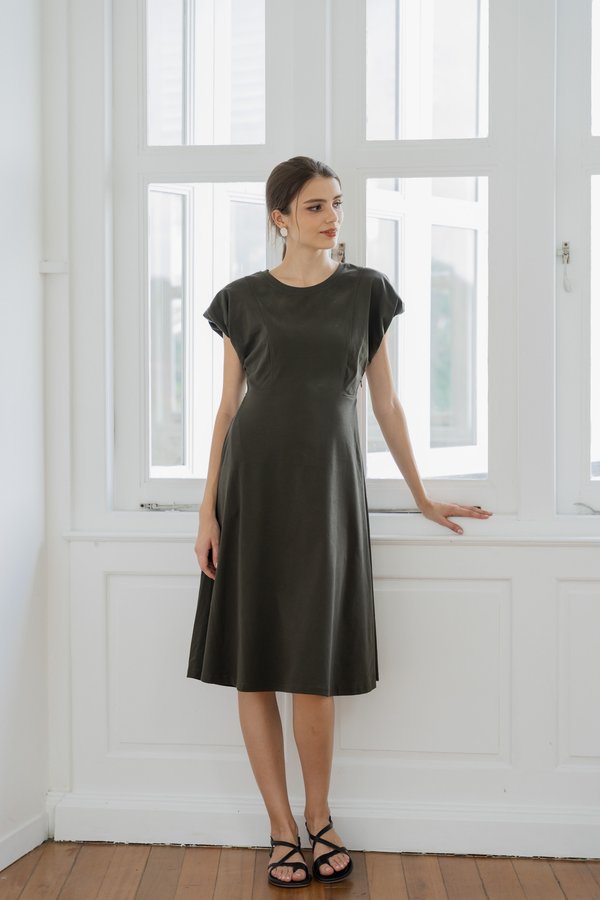Libbie Cotton Midi Dress In Olive (XS)