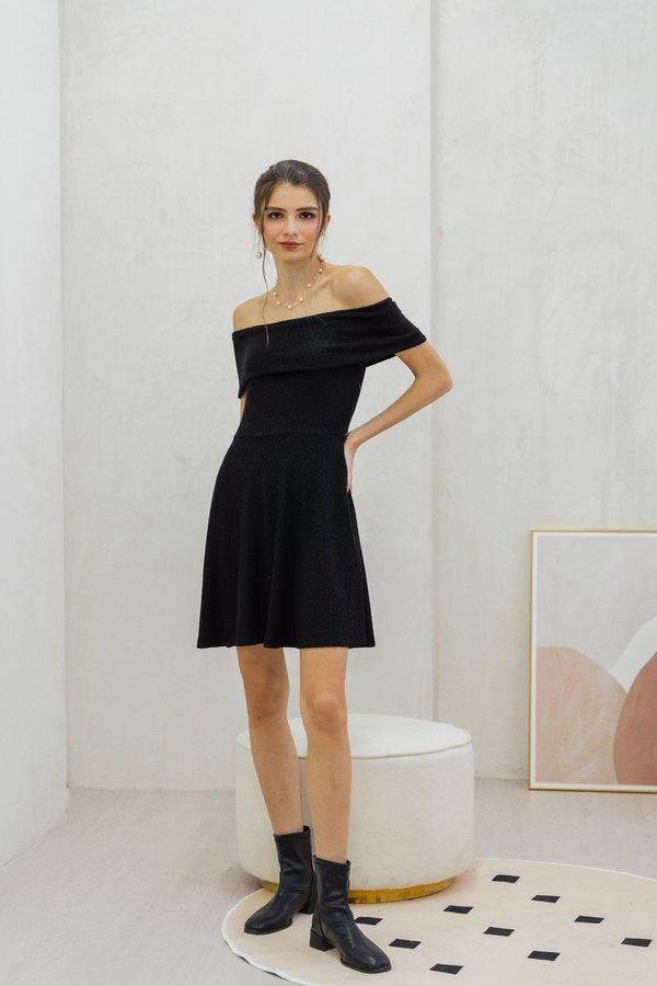 Violeta Off Shoulder Knitted Dress In Black (XS)