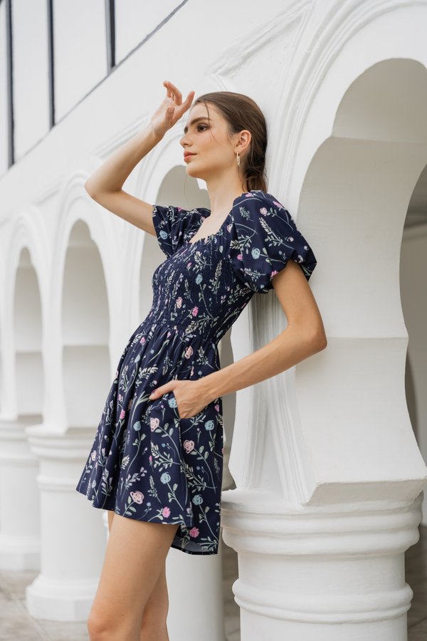 Lenora Smocked Floral Romper In Navy (XS)