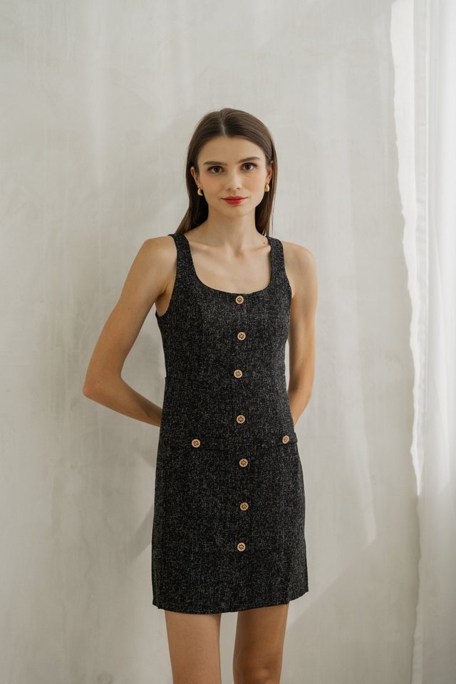 Haisley Tweed Gold Button Dress In Black